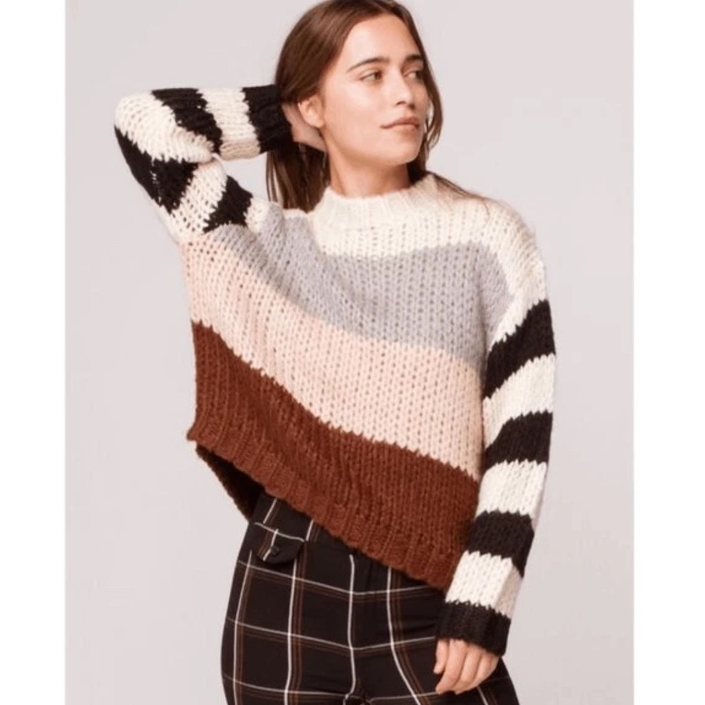 Volcom Color Block Chunky Knit Sweater Long Sleeve Cream Brown Black Sz S